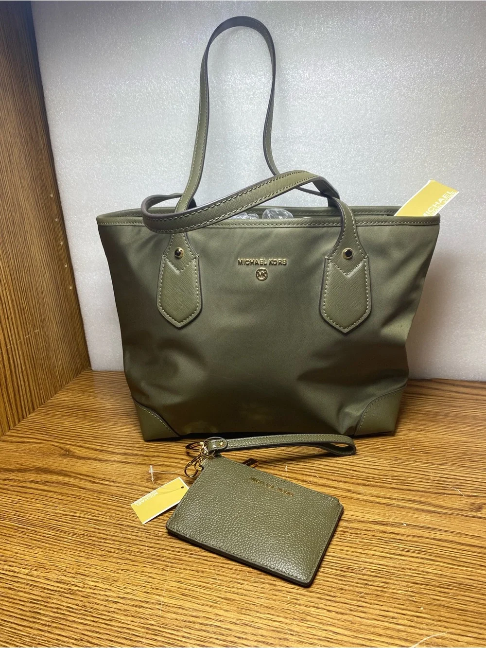 MICHAEL Kors Eva Small Zip Top Nylon Green Tote Shoulder Bag With Wallet Bundle